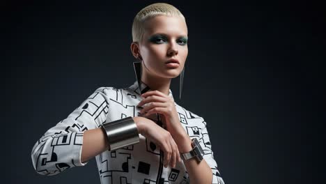 striking fashion portrait of a model with short hair and bold accessories, highlighting contemporary style and artistic expression through unique patterns and colors
