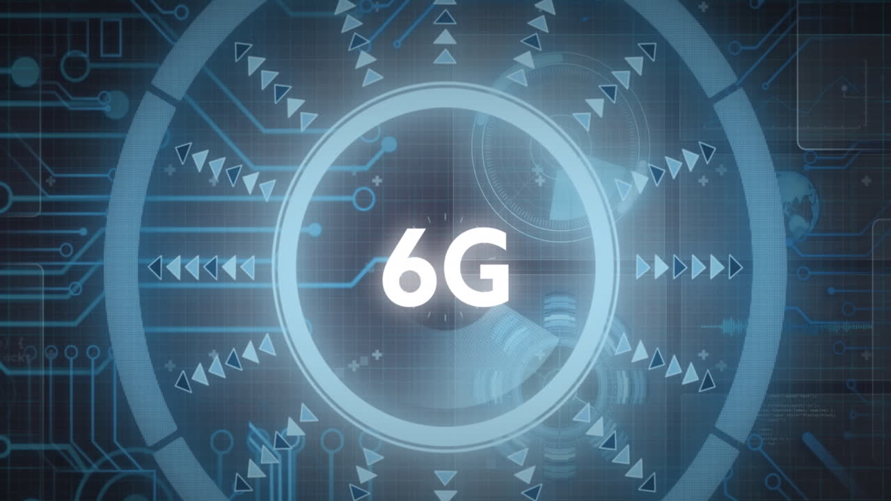 animación de texto de 6g sobre conexiones redondas de escáner y microprocesador contra un fondo azul.