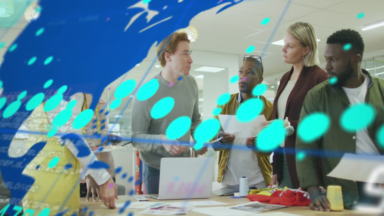 Animation of graphs, changing numbers and map over diverse coworkers sharing ideas in office