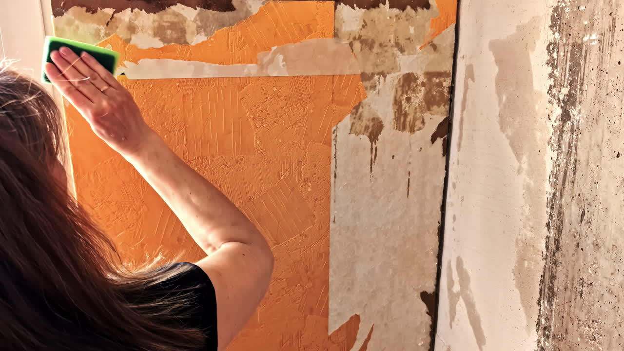 Woman soaking wallpaper with sponge to prepare for removal, rear view