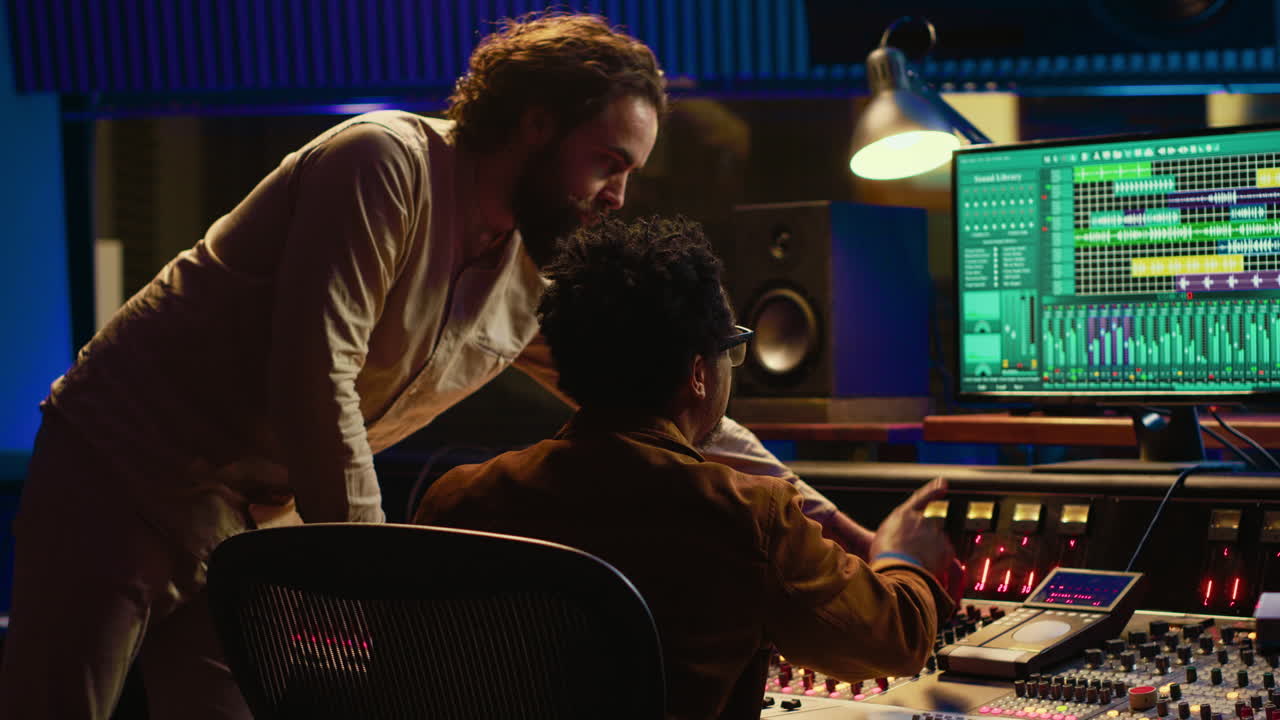 Tracking engineer collaborating with musician to edit sounds in control room