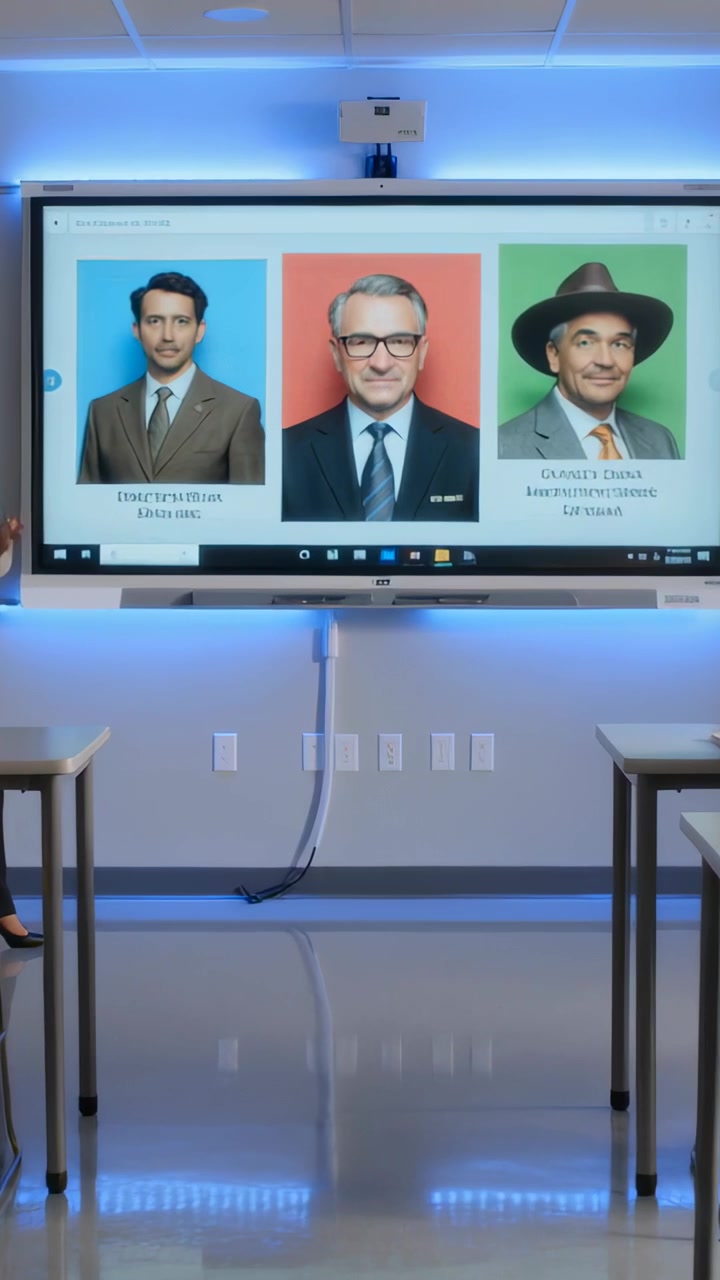 Video verticale: Insegnante che alza il braccio, presentando a un display in classe, con pantaloni dorati, mostrando ritratti.