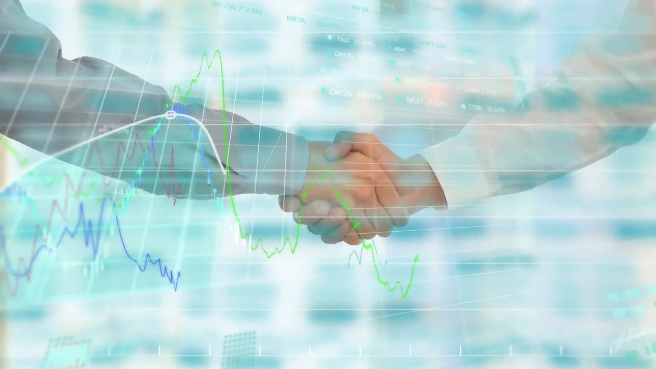 握手するビジネスパーソンを背景にした金融データ処理