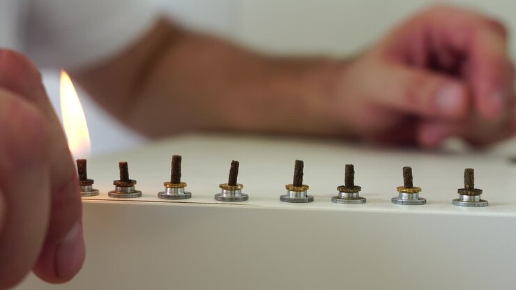 Terapeuta realizando procedimento de moxabustão em centro de saúde. Moxabustão é um efeito térmico em pontos biologicamente ativos localizados em toda a superfície do corpo humano.