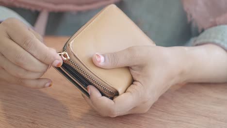 a woman's hand holding a brown leather wallet