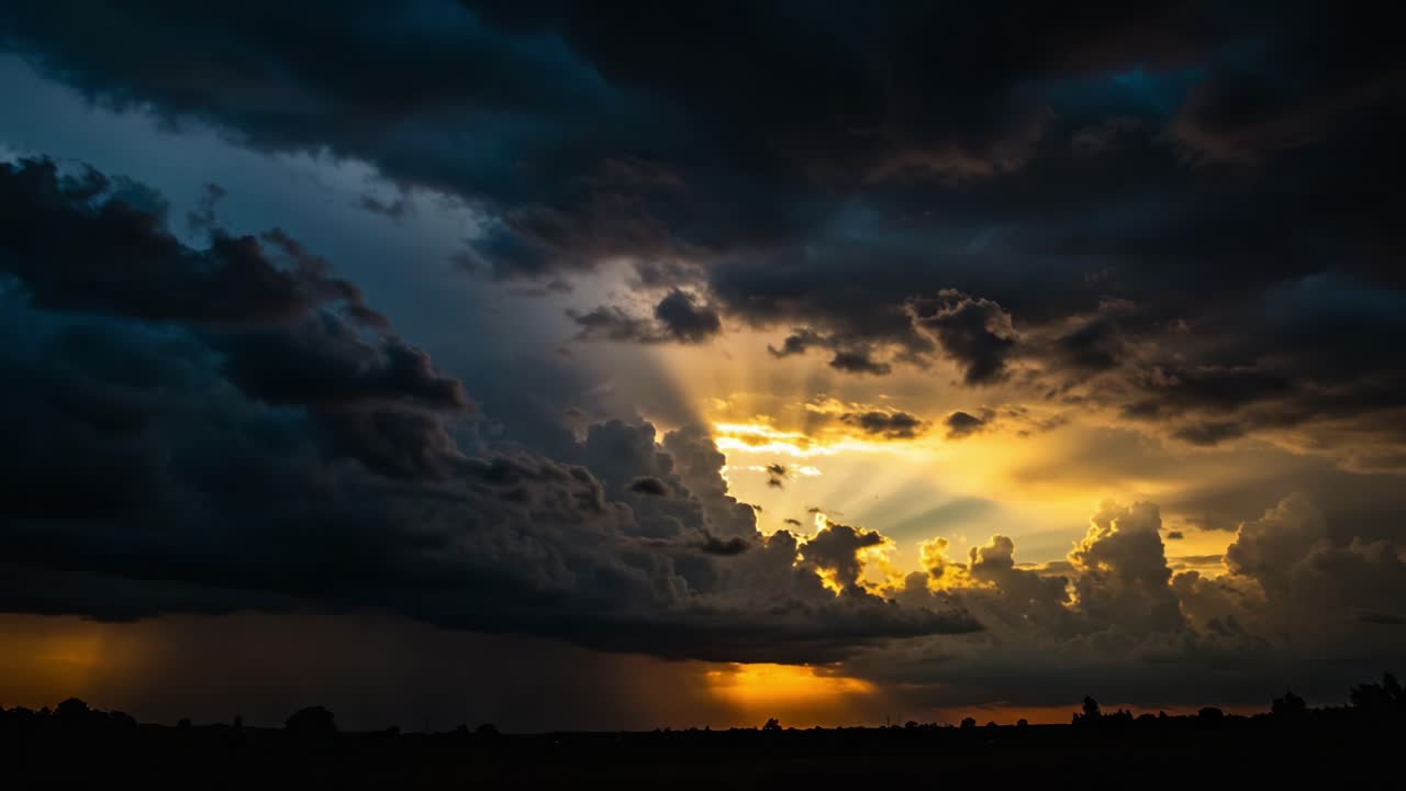 A stunning transformation of the sky during sunset, showcasing dramatic clouds and rays of sunlight breaking through in a breathtaking display of nature's beauty