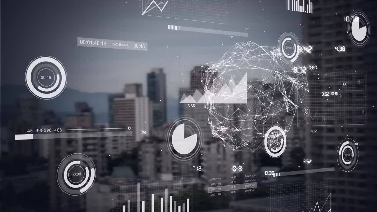 Animation of shape and cityscape over data processing