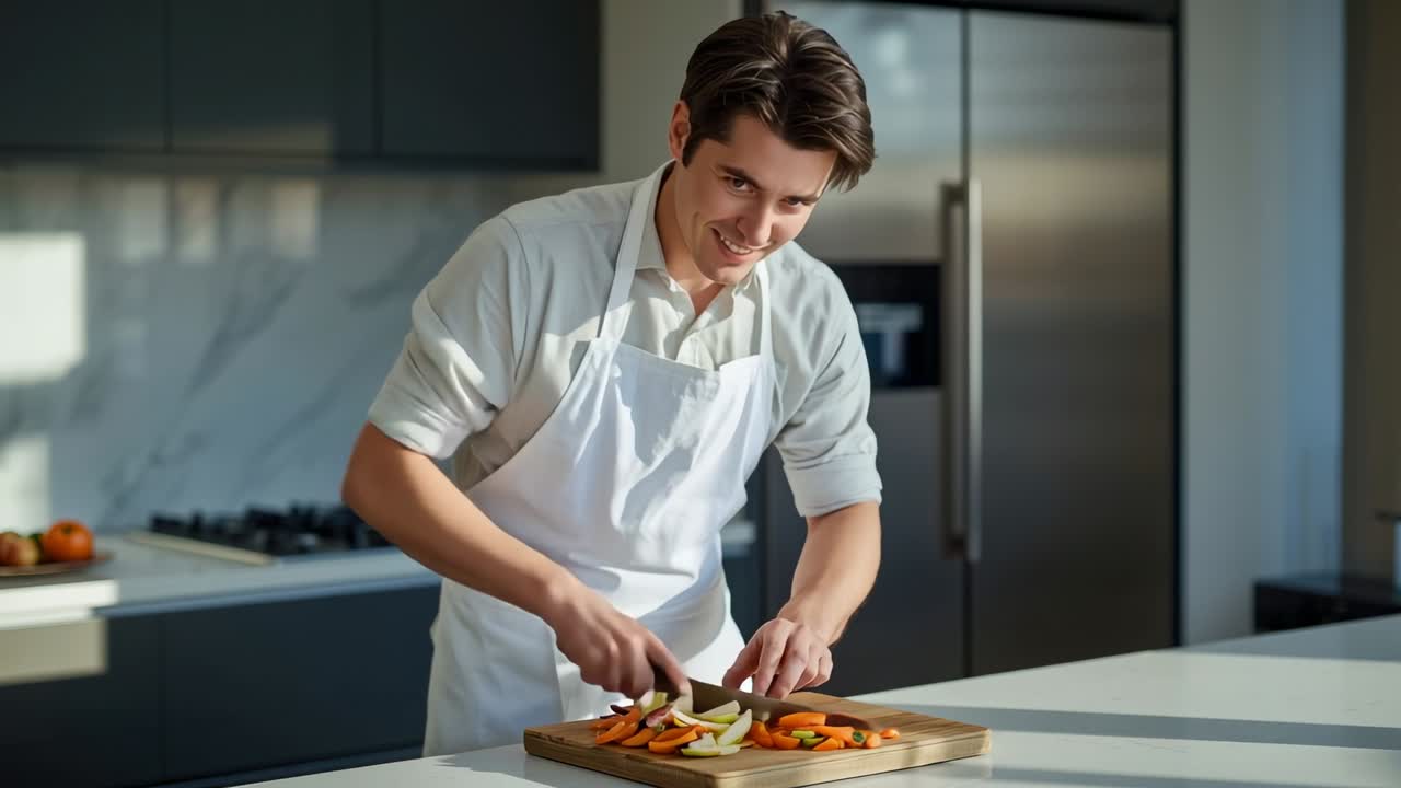 Placing board man wearing apron with knife chopping vegetables at kitchen island, preparing meal