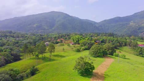 aerial flyover beautiful idyllic nature landscape with grass fields,trees and mountains in background