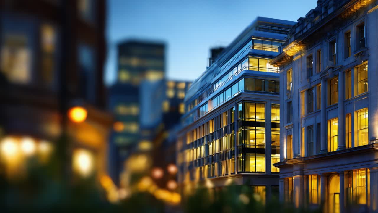 Impresionante arquitectura urbana nocturna: una vista cautivadora de edificios modernos realzada por ventanas iluminadas y un bello ambiente urbano
