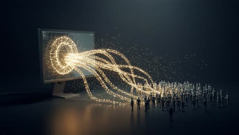 creative digital art illustrating connection between technology and humanity with glowing energy and crowd interaction
