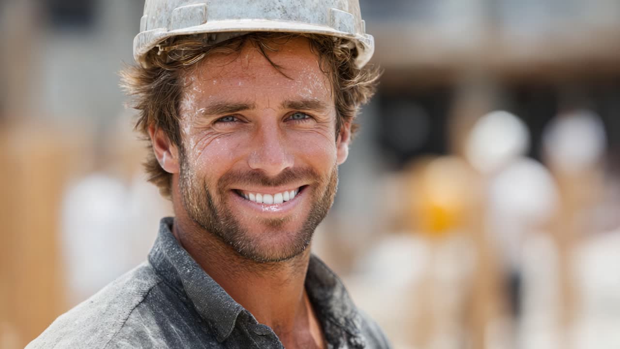 A Confident Construction Worker Wearing a Hard Hat, Radiating Happiness and Professionalism on a Busy Job Site, Captured in a Smiling Close-Up Portrait