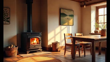 cozy rustic living room with wood stove