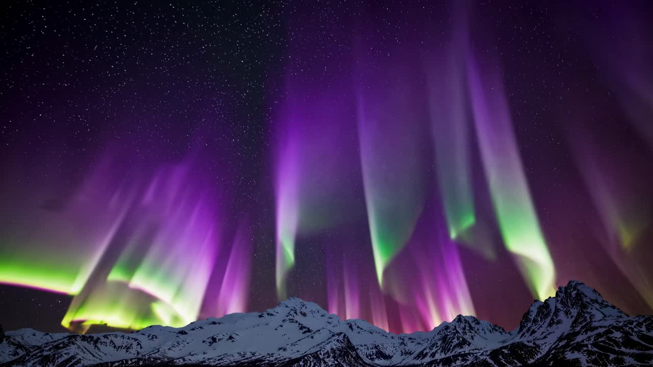 A mesmerizing wide-angle video capture of vibrant purple and green auroras dancing over snow-capped
