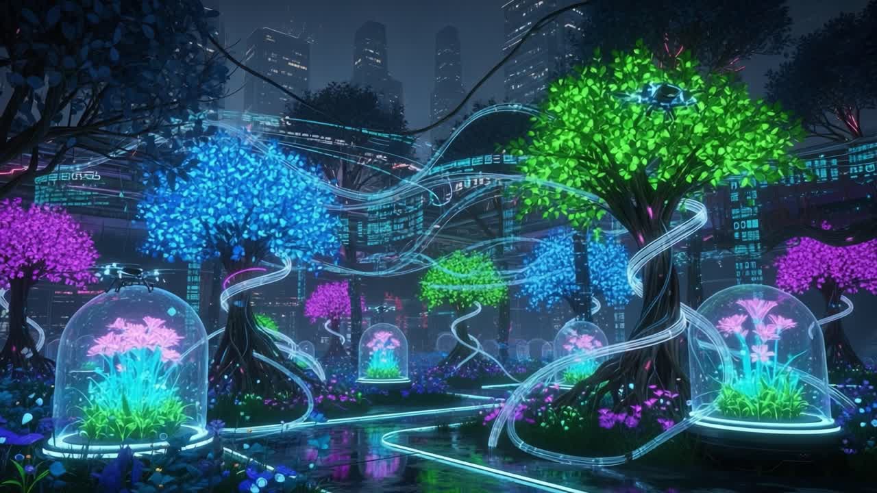 A Vibrant, Futuristic Garden Illuminated by Neon Trees and Enchanted Flowers in Transparent Domes, Set Against a Modern Cityscape of Shimmering Skyscrapers