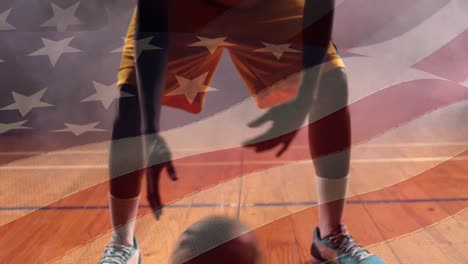 animación de la bandera de los estados unidos de américa sobre un jugador de baloncesto afroamericano