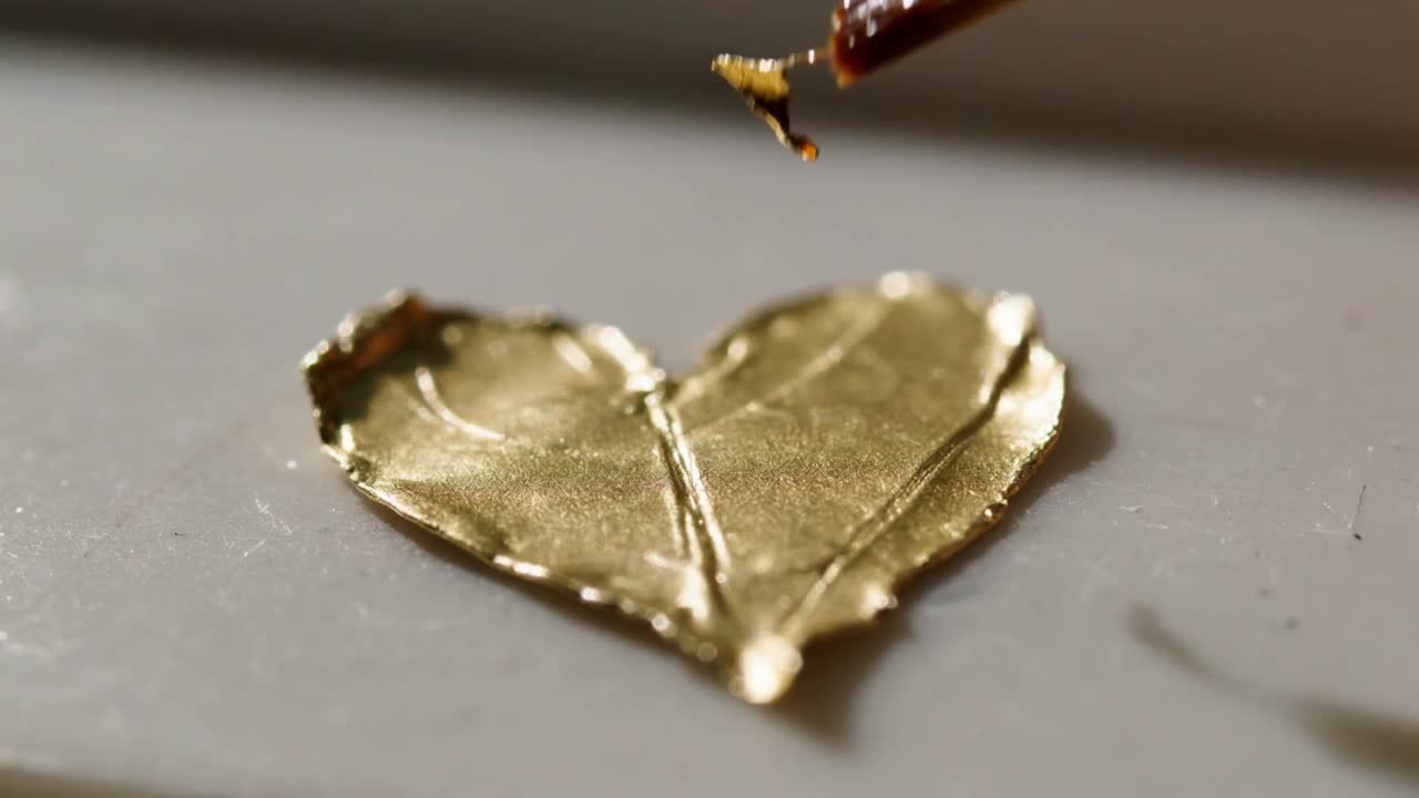 Feiner, runder Pinsel, der Bernsteinfarbenes Harz auf eine goldene Werkbank aufträgt und eine glänzende Kante bildet