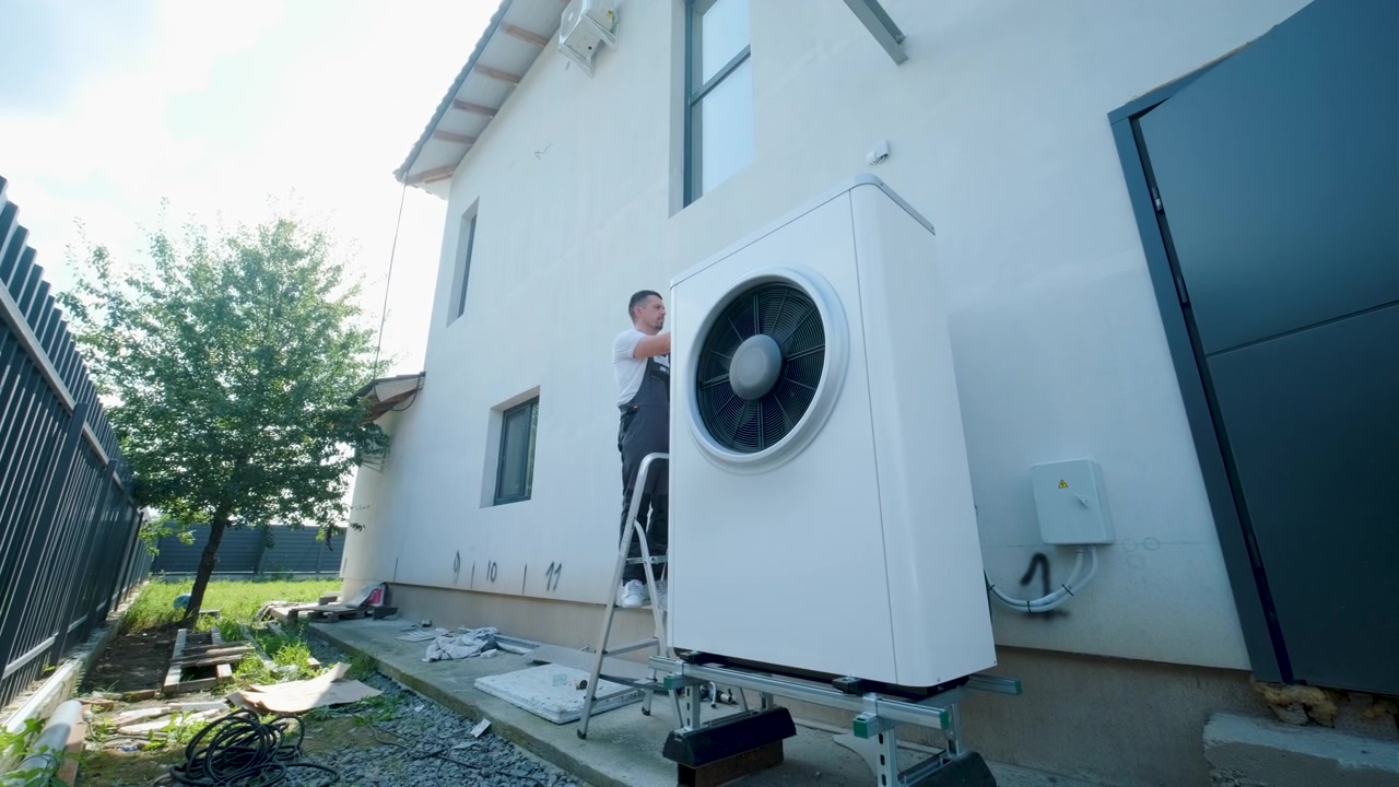 Technician Installing Heat Pump Unit Outside Residential House