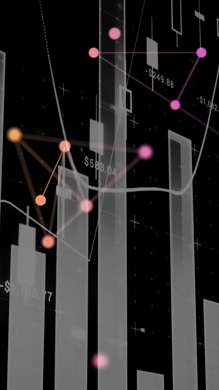3D bar graphs and data points animation over black background