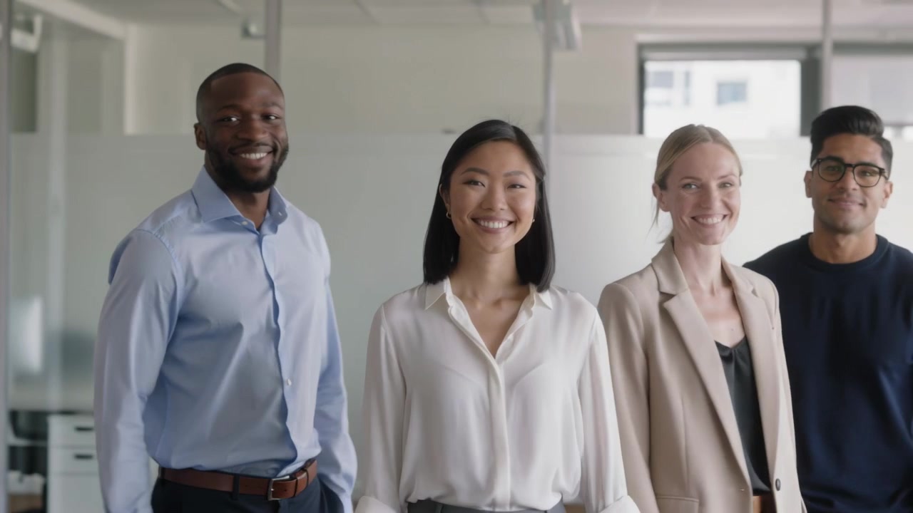 Walking team on leader cue turning to face camera in office showing unity businesswear glass walls