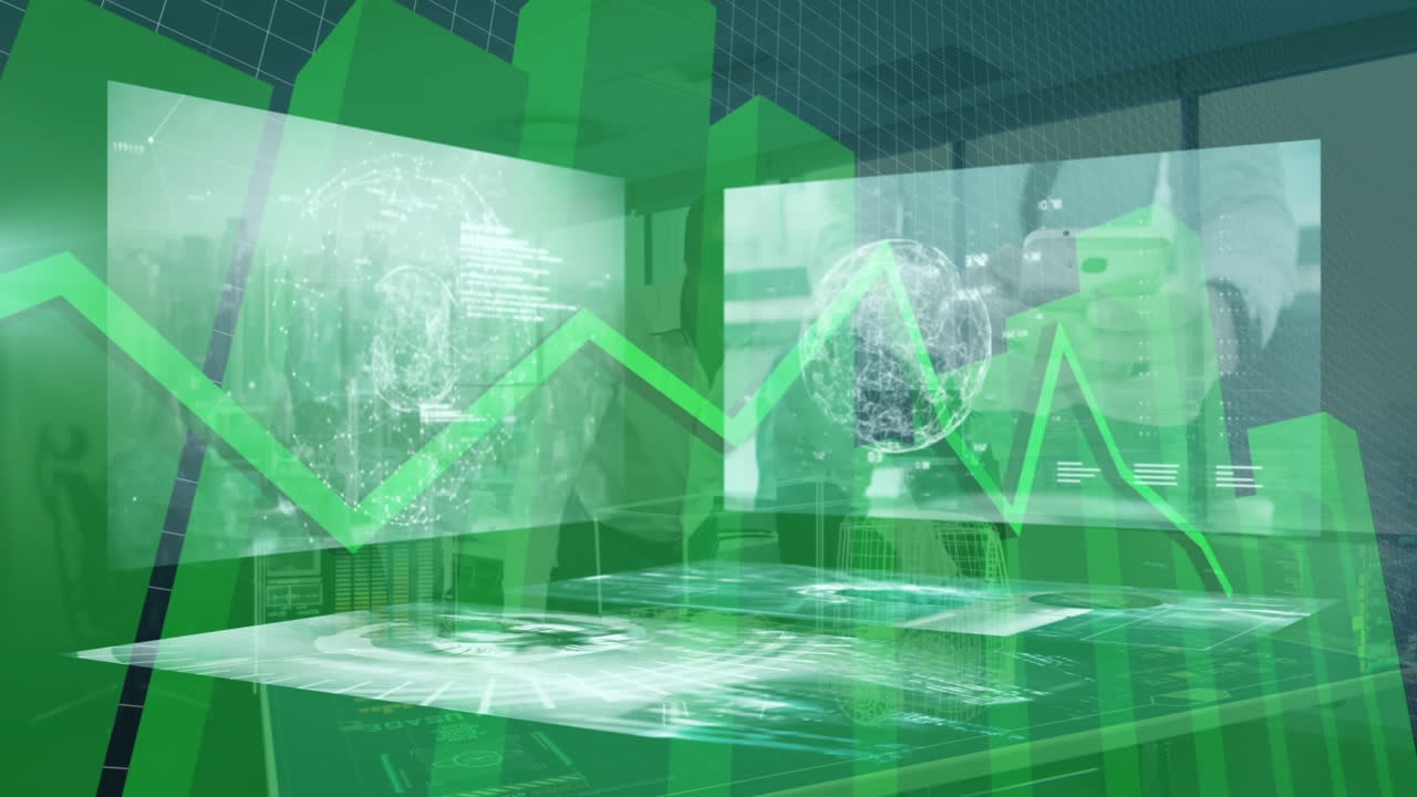 사무실에서 vr 헤드 ⁇ 을 착용하는 아프리카계 미국인 사업가에 대한 데이터 처리와 디지털 인터페이스