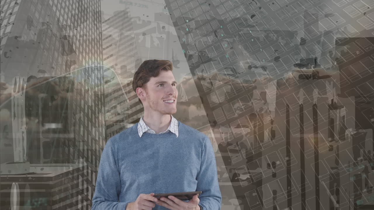 animación de un hombre de negocios caucásico usando una tableta sobre edificios modernos