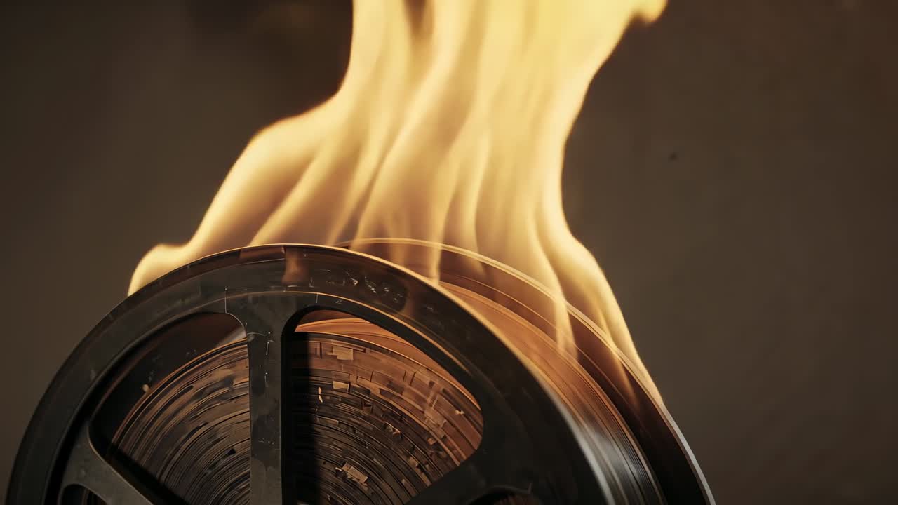 Flickering flame igniting antique film reel in workshop, with flame climbing burning film strip