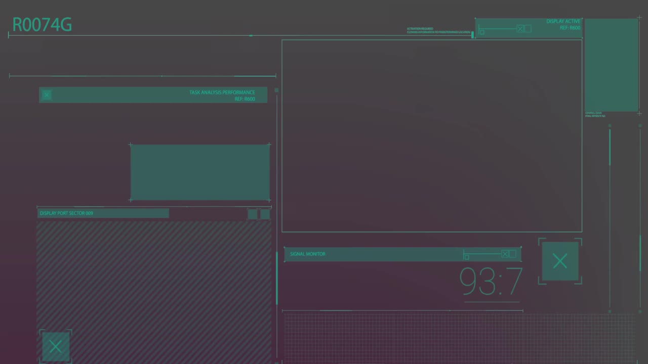 Animation of data processing over screens on dark background