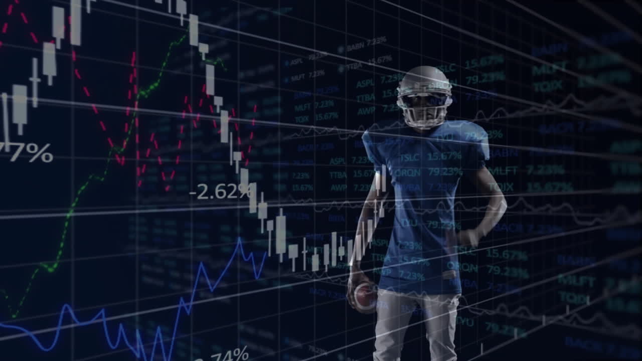 datos financieros y animación del mercado de valores sobre el jugador de fútbol americano sosteniendo la pelota