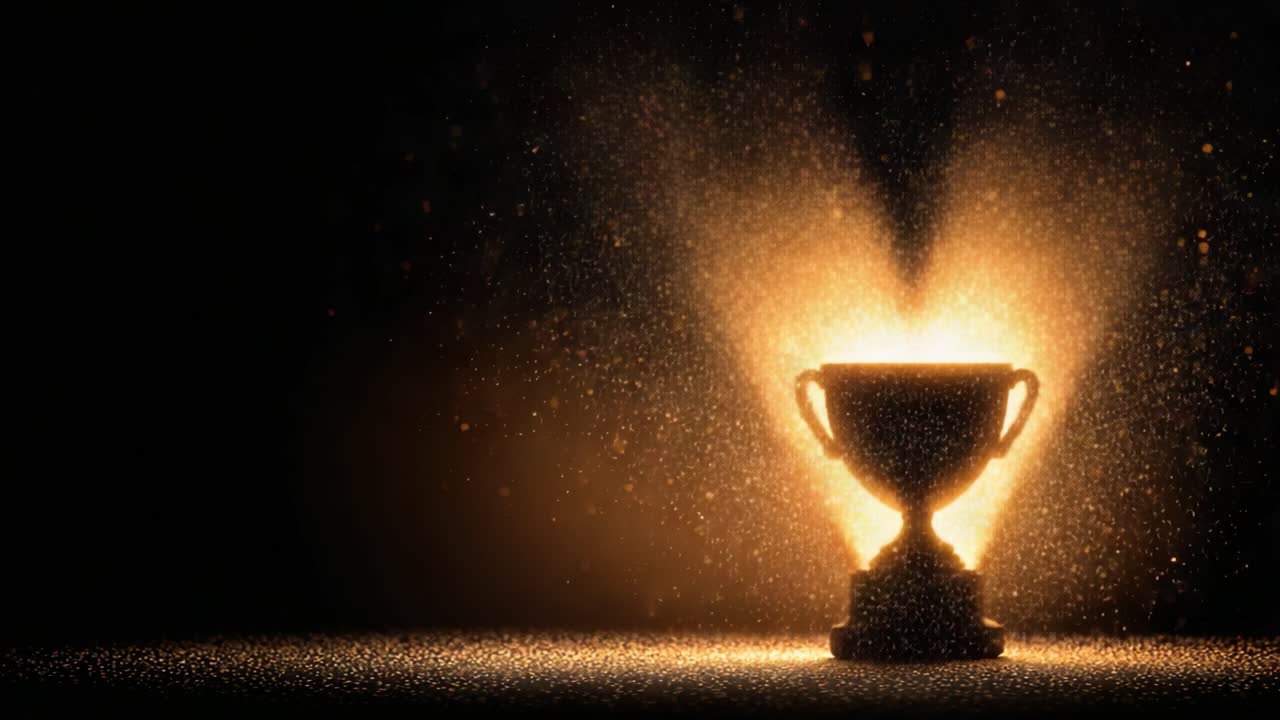 Un trofeo radioso illuminato da particelle scintillanti, che celebra la vittoria e il successo con uno straordinario spettacolo visivo di luce e texture.