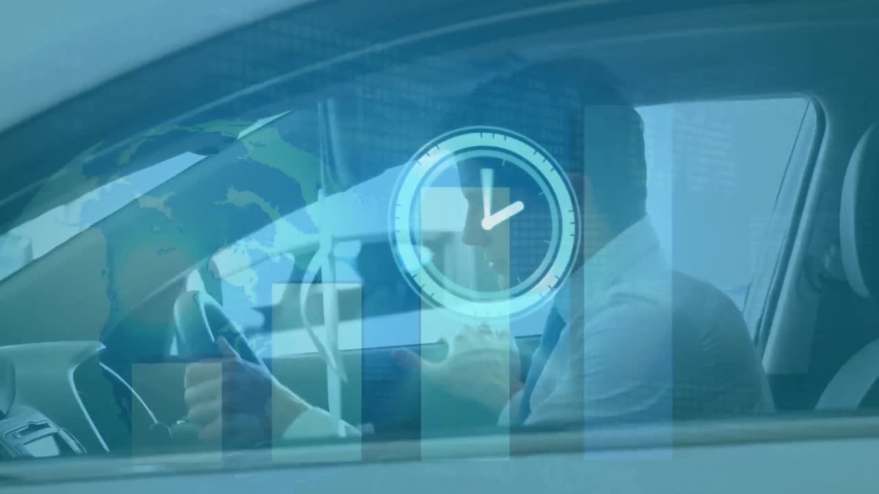 자동차에 앉아있는 백인 남성 위에 지구를 가진 움직이는 시계와 주식 시장의 애니메이션