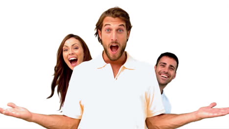 Friends-hiding-behind-a-man-on-white-background