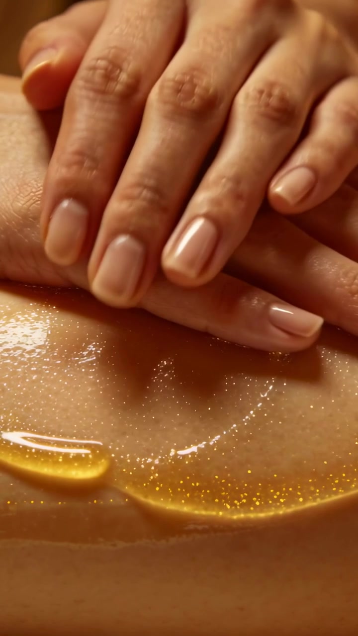 Video verticale: Mani del terapista che spalmano gel dorato sulla schiena su un lettino da spa, creando un bagliore
