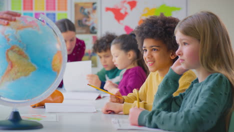 group of multi-cultural students with teachers in classroom looking at globe in geography lesson