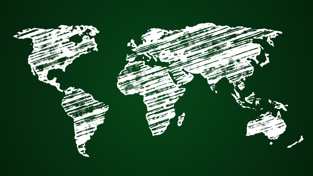 블랙보드 위에 도자기로 그려진 지구 지도, 손으로 그린 애니메이션 4k