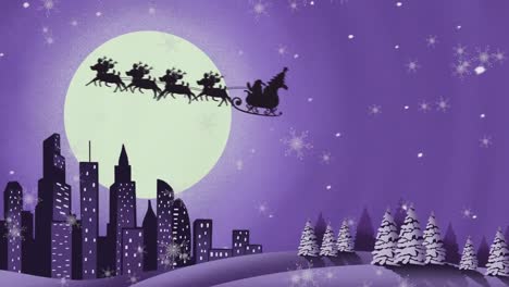 Animation-of-santa-claus-in-sleigh-with-reindeer-over-snow-falling-and-moon-on-purple-background