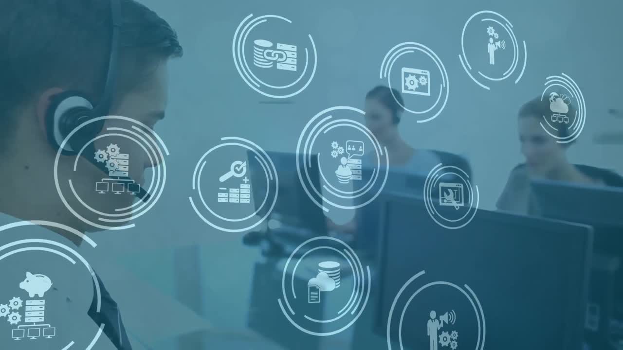 animación de la red de conexiones con iconos sobre personas de negocios que usan auriculares telefónicos