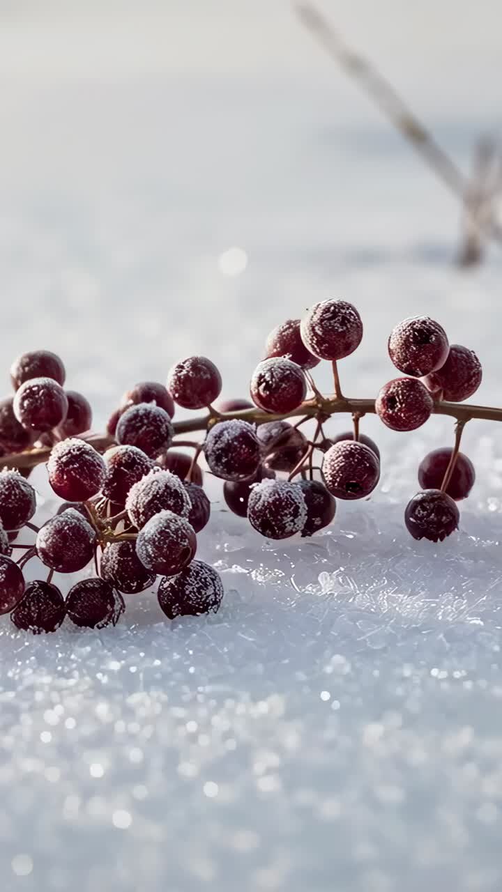 Video verticale: spostamento della telecamera che mostra bacche rosse ghiacciate su uno stelo sulla neve per rivelare i dettagli del gelo