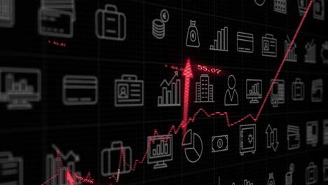 Animation-of-red-arrows,-financial-icons,-data-processing-over-statistics