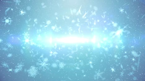 Animation-of-snow-falling-and-glowing-lights-on-blue-background