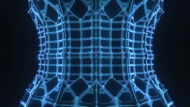 Pulling camera revealing tubular grid with nodes, band and specks in void, showing full form