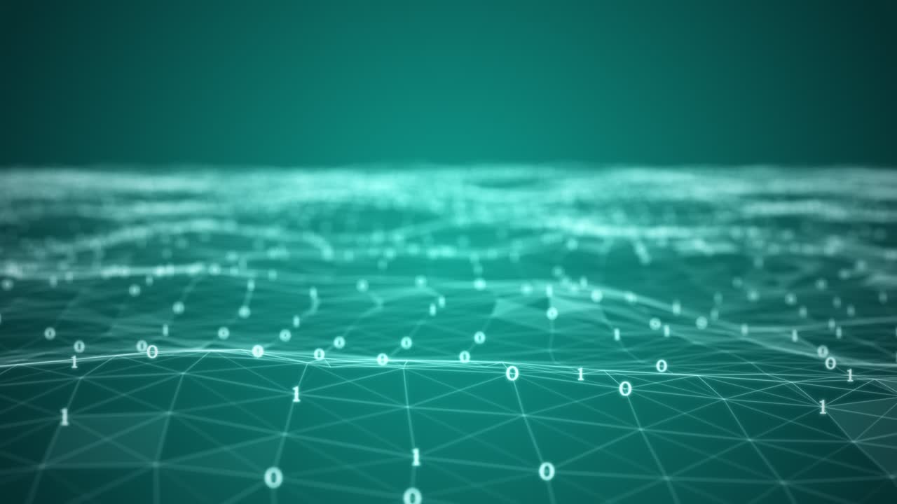 Flying over digital number code green color frequency wave screen