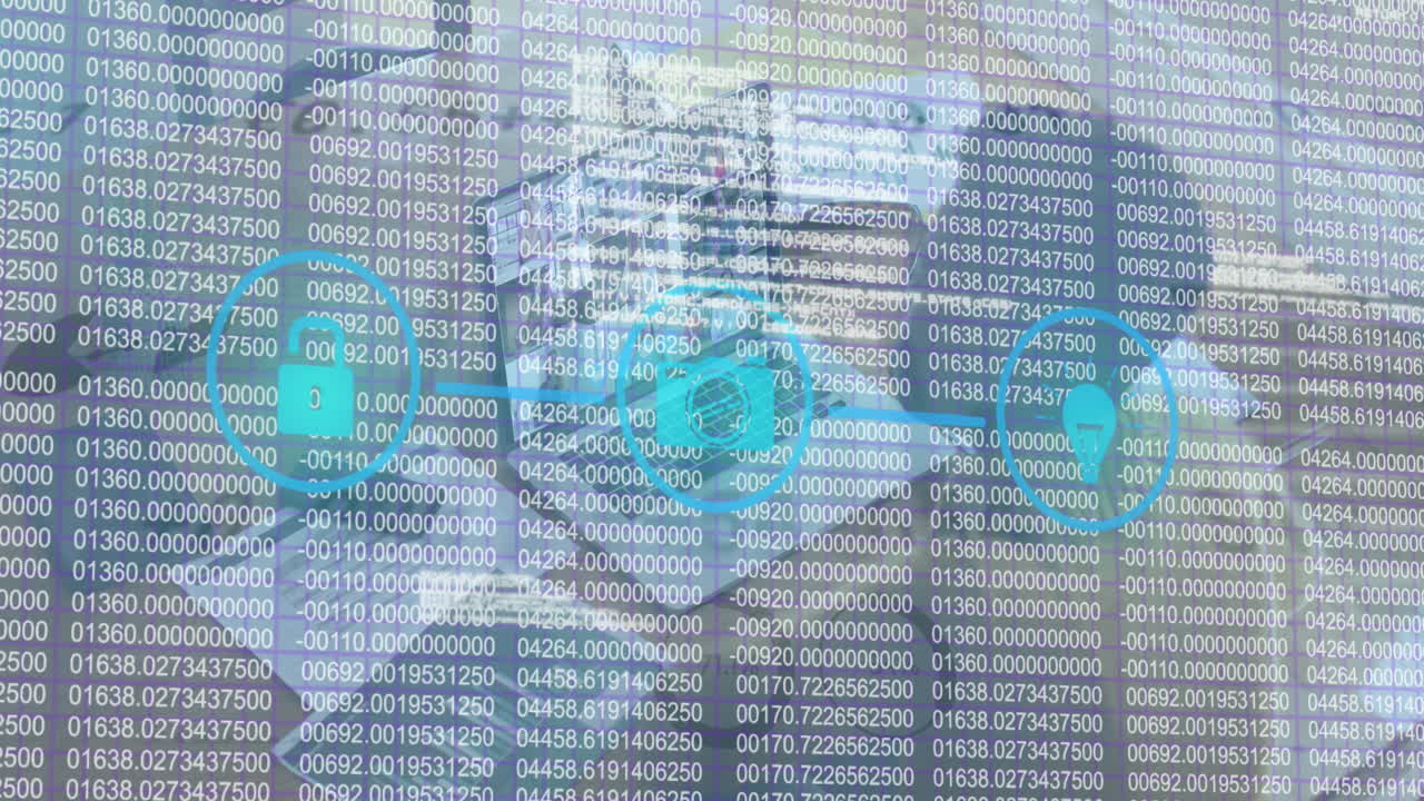 animación de bloqueo de seguridad en línea iconos digitales y números sobre mujer en llamada de video portátil
