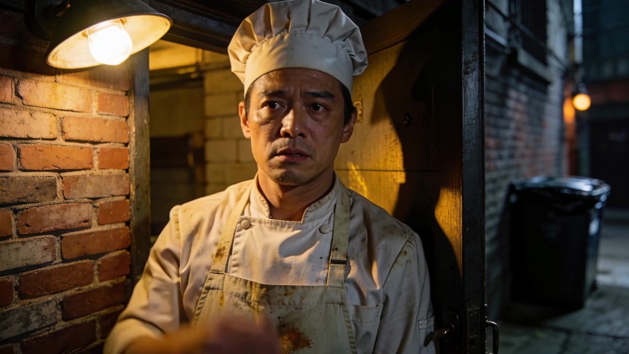 Chef appoggiato con grembiule macchiato che si strofina il viso, scrutando il vicolo alla porta della cucina sotto una lampada dopo aver cucinato.