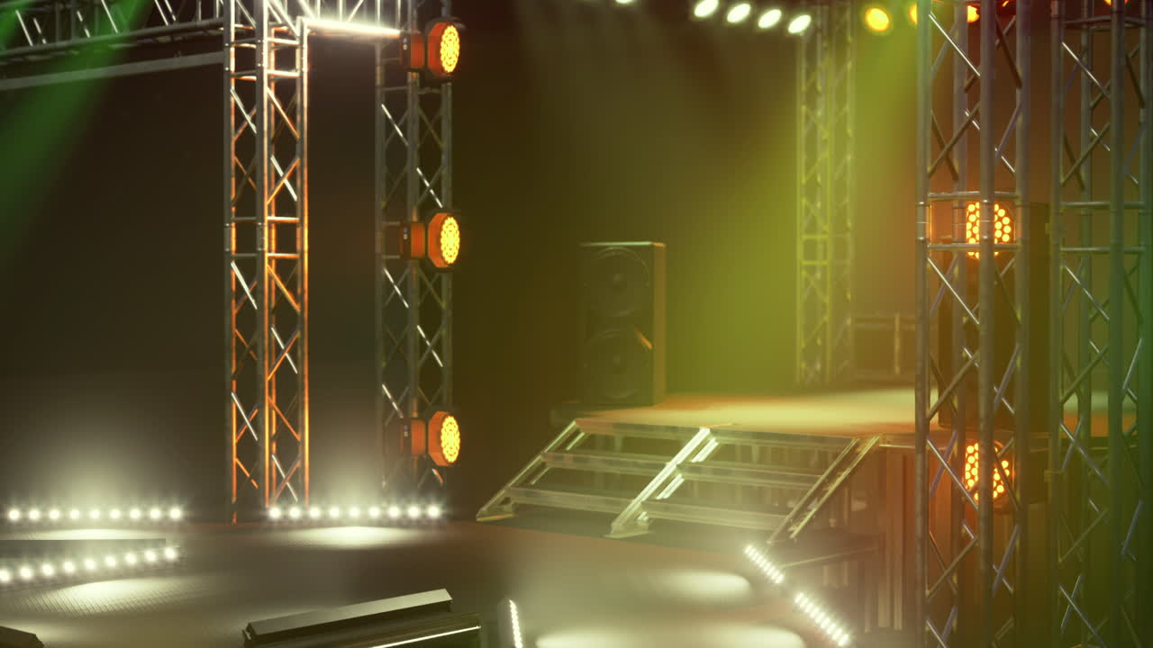 Vibrant concert stage setup with lights and live performance gear