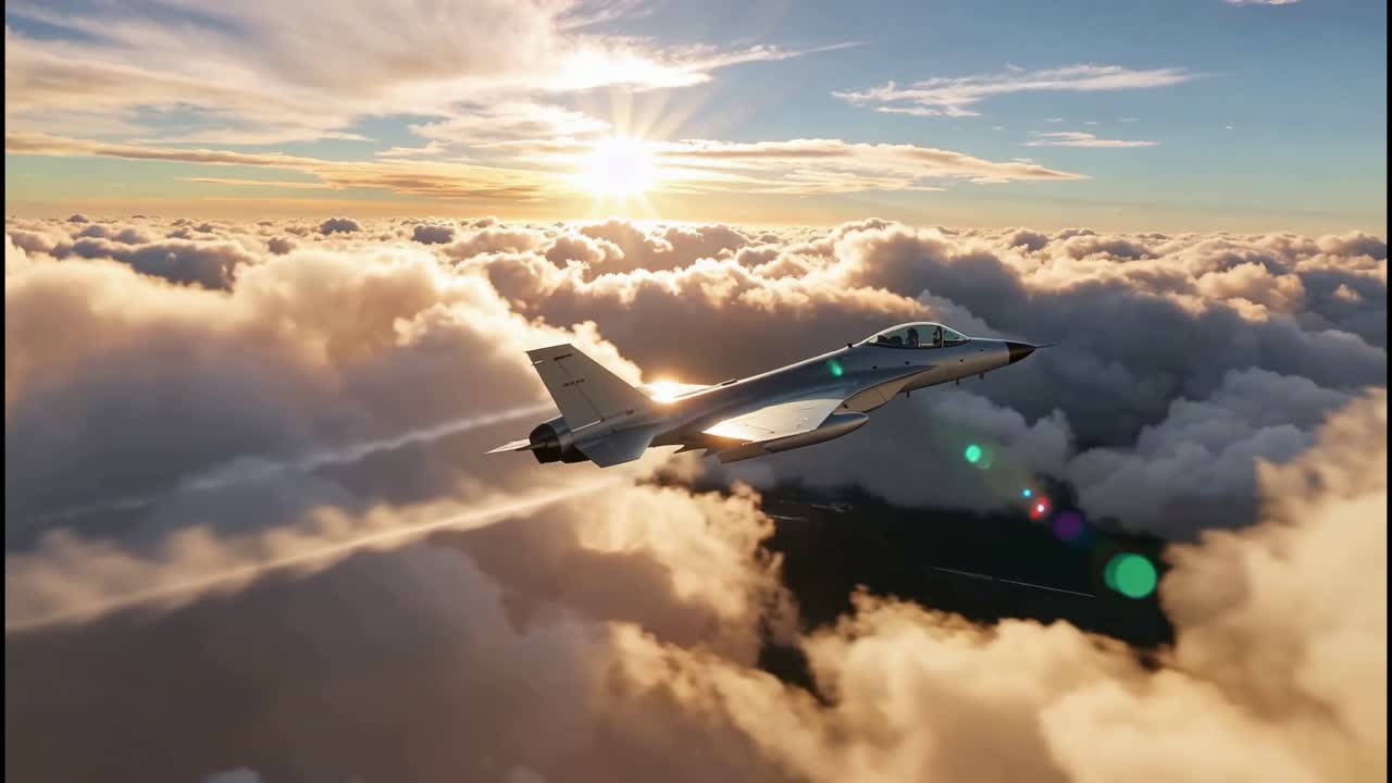 Jet flying above clouds at sunrise