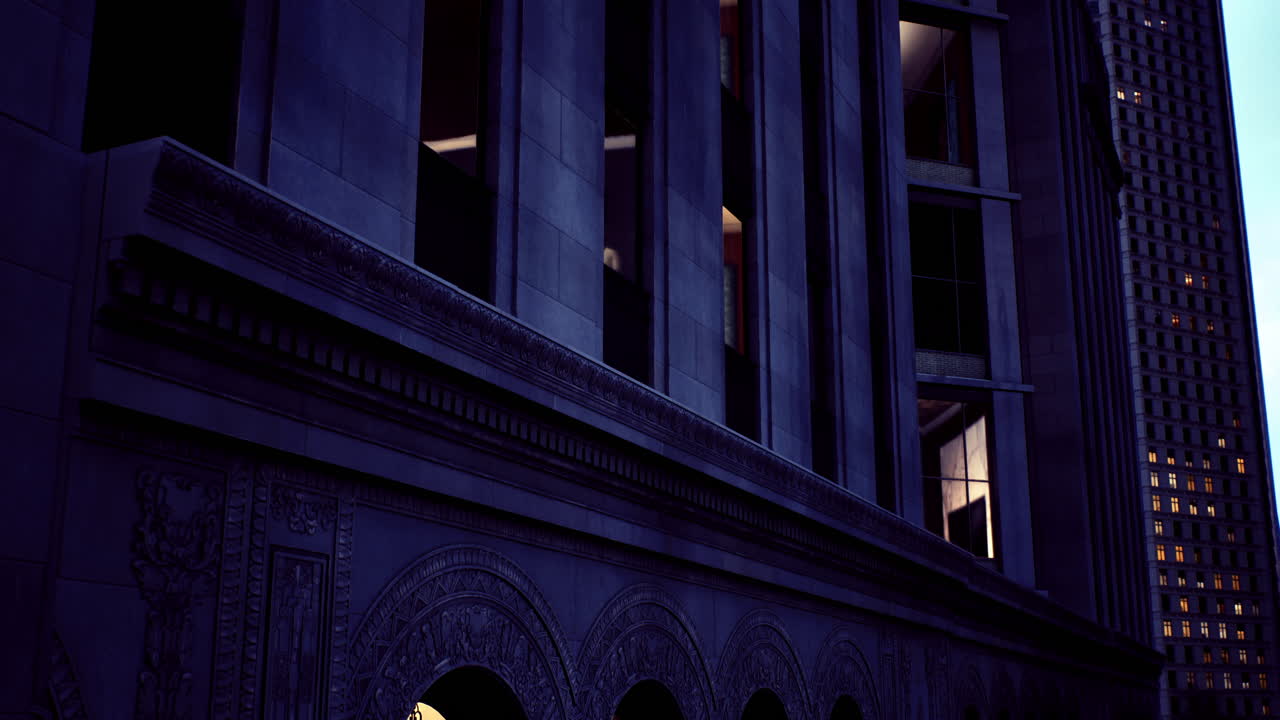 Night view of a historical building with modern lighting in downtown area