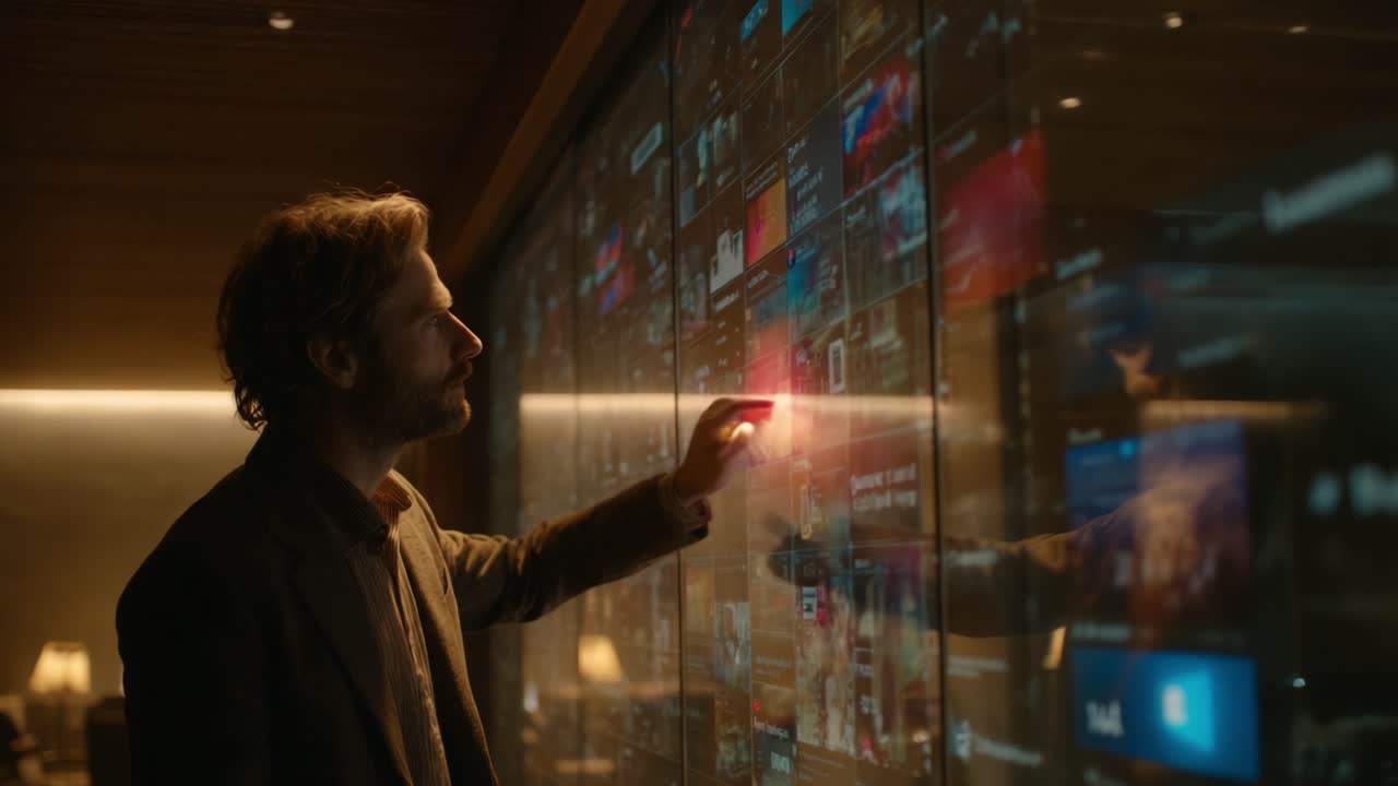 Una persona interagisce con uno schermo digitale futuristico, che mostra una serie di vivaci contenuti multimediali, tecnologia e innovazione in un ambiente moderno