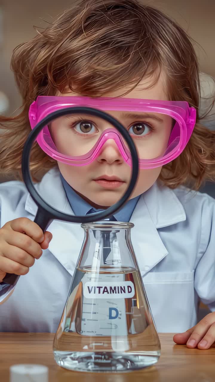 Vertikal video: Vi ser et VITAMIN D-mærke, et barn i hvid laboratoriefrakke og lyserøde beskyttelsesbriller, der bruger et forstørrelsesglas ved et bord