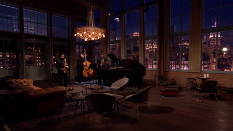 jazz band performing in a stylish loft with city views at night
